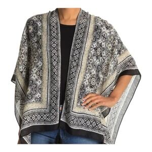 Vince Camuto Kimono Black Ivory Medallion Border Tassel Shawl Wrap Womens One Sz
